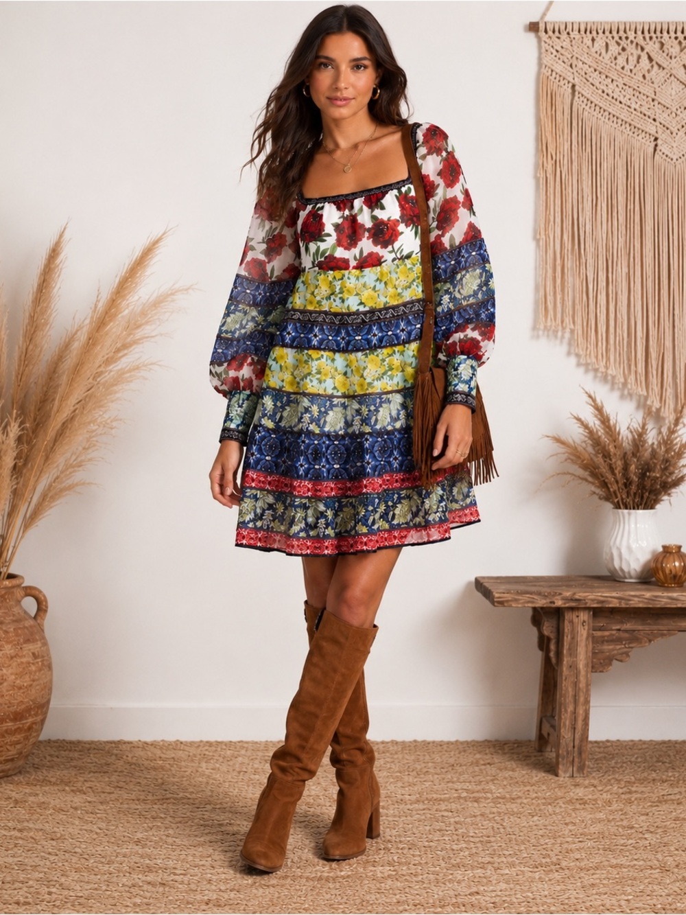 Alice + Olivia Rowen Patchwork in French Quarters Floral Tunic Dress Size Large - Picture 3 of 9